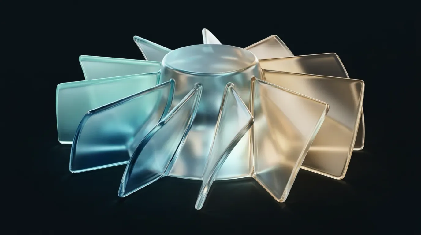 Abstract liquid-glass render: a radial glass impeller of angled translucent blades fanning around a central hub, cool blue on one side warming to gold on the other, on a near-black background.