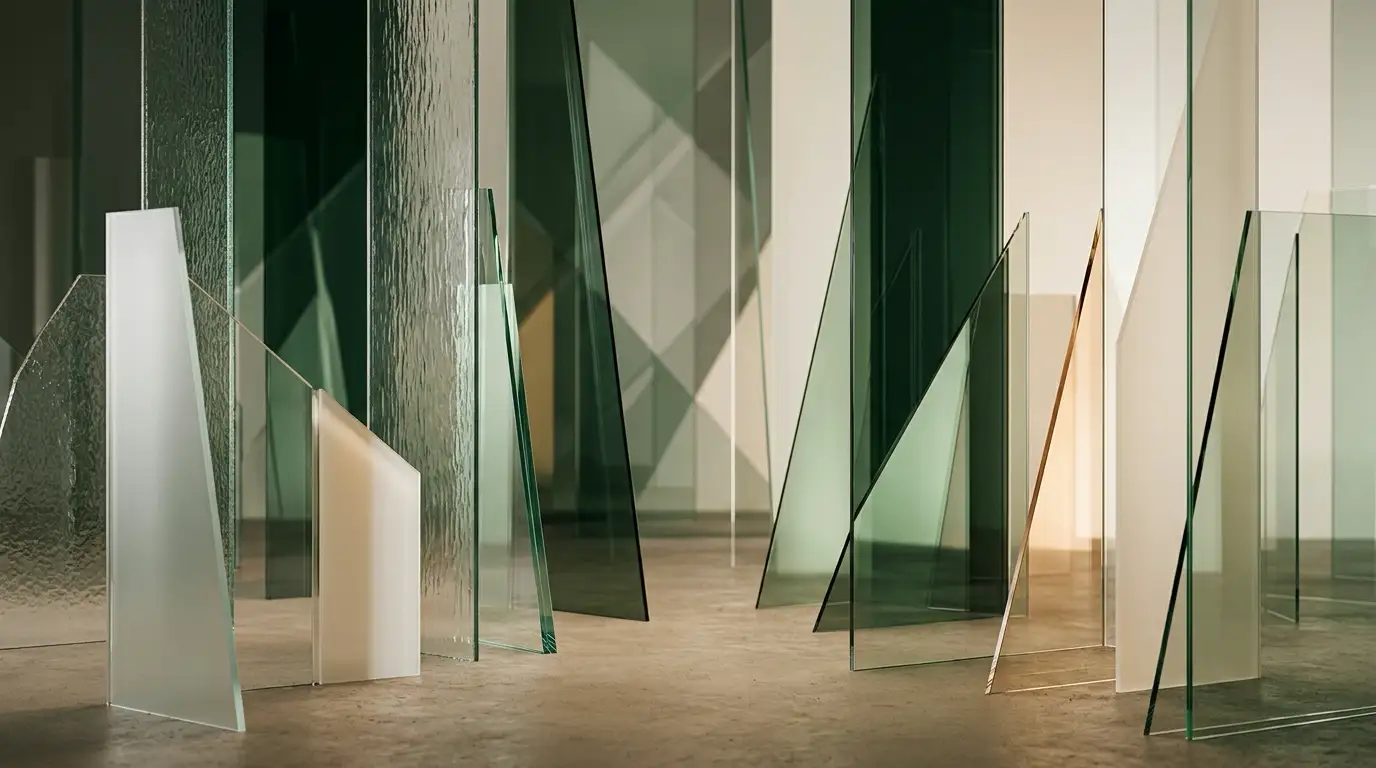 Abstract arrangement of translucent green and neutral glass panels