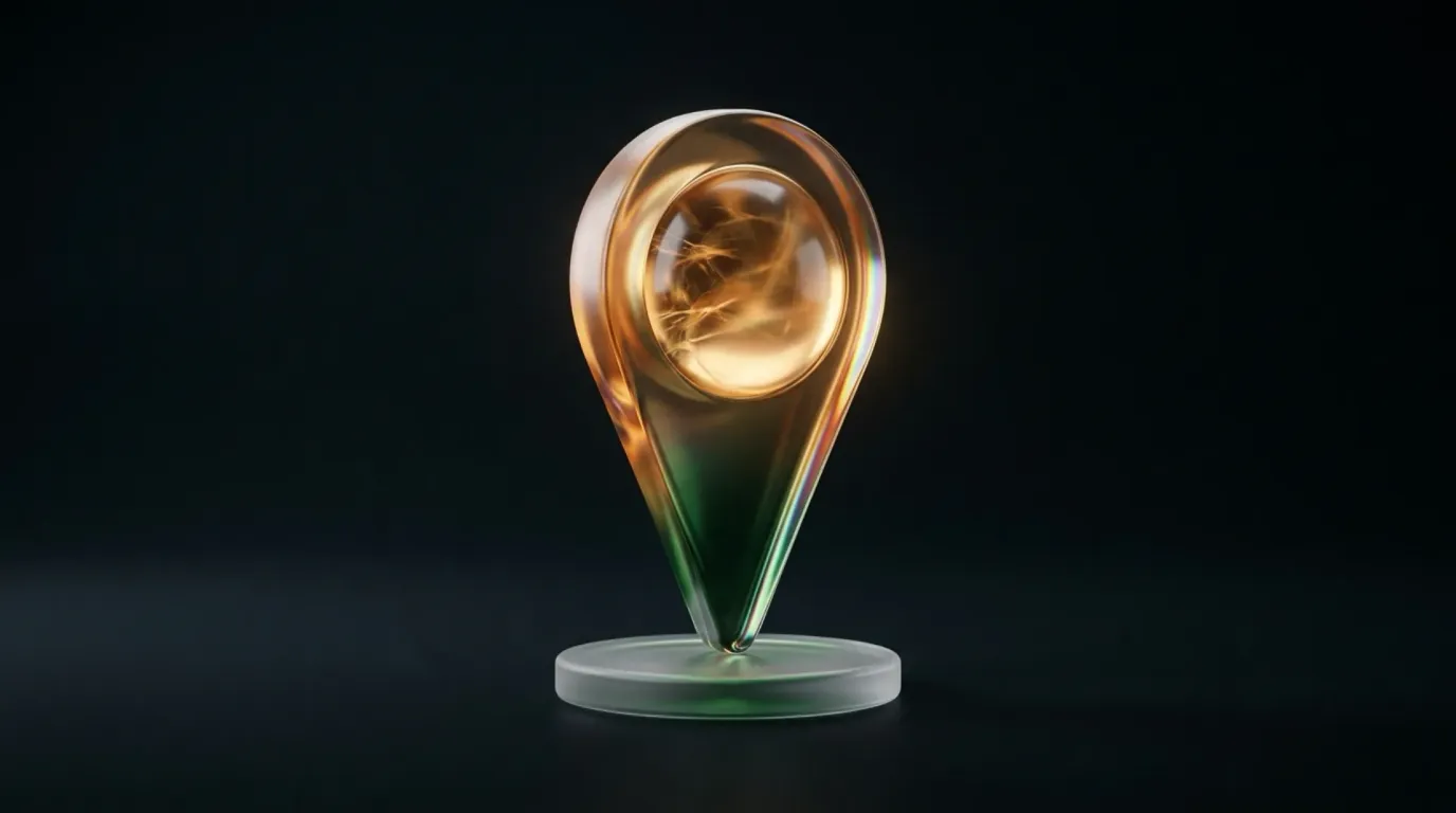 Abstract glass artwork: angled translucent green and amber panels stacked like a funnel narrowing toward a single bright point