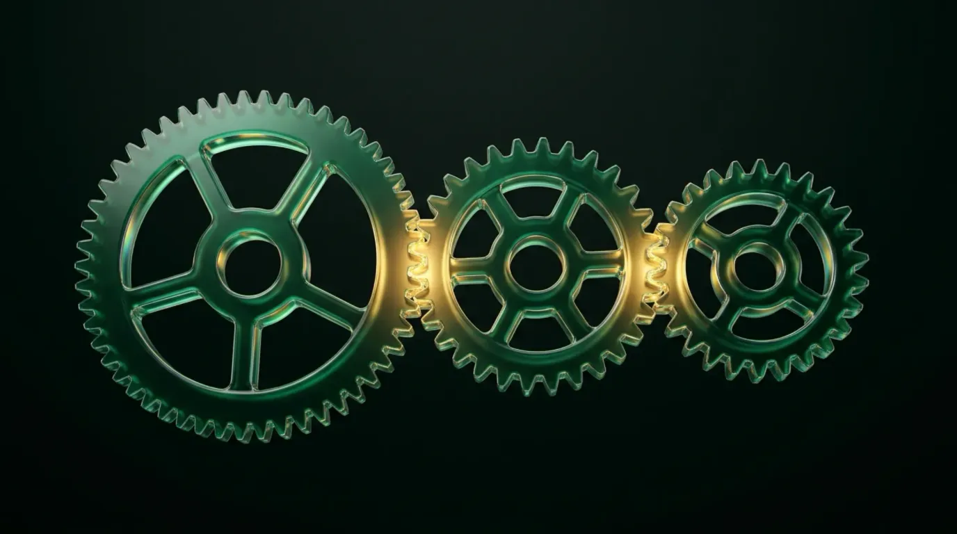 Abstract liquid-glass render: three interlocking glass gears in graduated sizes, deep emerald bodies with gold light collecting where their teeth mesh, on a near-black background.