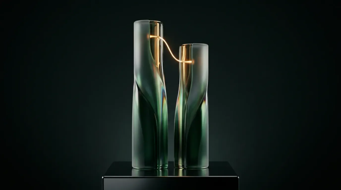 Abstract liquid-glass render: two tall emerald glass columns of almost equal height on a dark plinth, one taller than the other, the gap between their tops bridged by a thin filament of gold light.