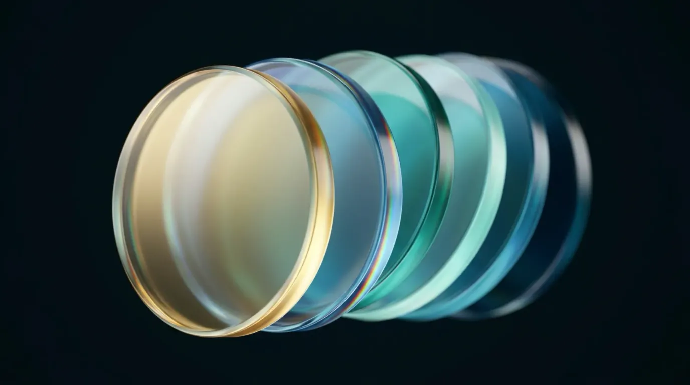 Abstract liquid-glass render: a receding stack of round glass lenses, the nearest warm gold, the rest cooling through aqua and teal into the dark, on a near-black background.
