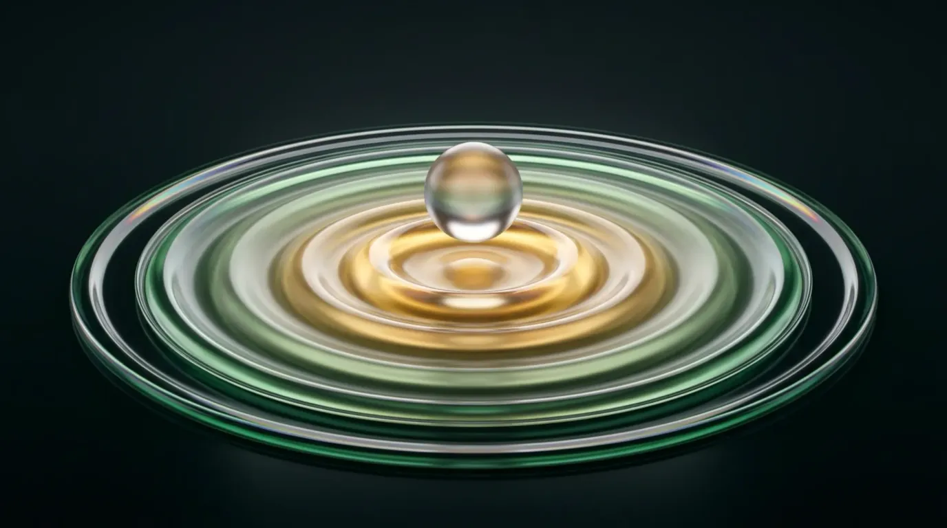 Abstract liquid-glass render: concentric glass ripples spreading outward in green and gold from a single clear glass droplet at the centre, on a near-black background.