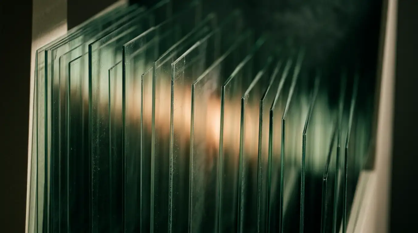 Abstract artwork of parallel translucent glass panes receding into depth, a warm amber glow travelling between them like a signal passed pane to pane, with soft sage reflections