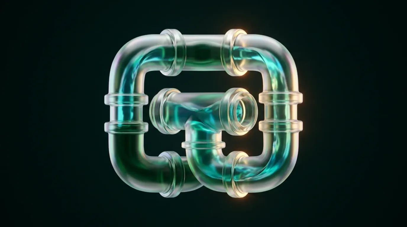 Abstract liquid-glass render: a closed loop of translucent glass pipework with collars and a tee joint, teal light flowing through it and gold glow at the fittings, on a near-black background.