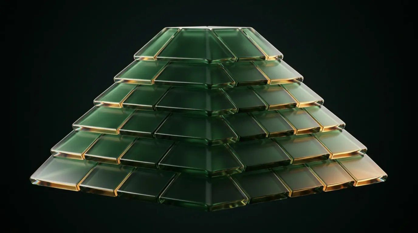 Abstract liquid-glass render: a stepped pyramid of overlapping translucent green glass tiles with warm gold light running along every edge, on a near-black background.