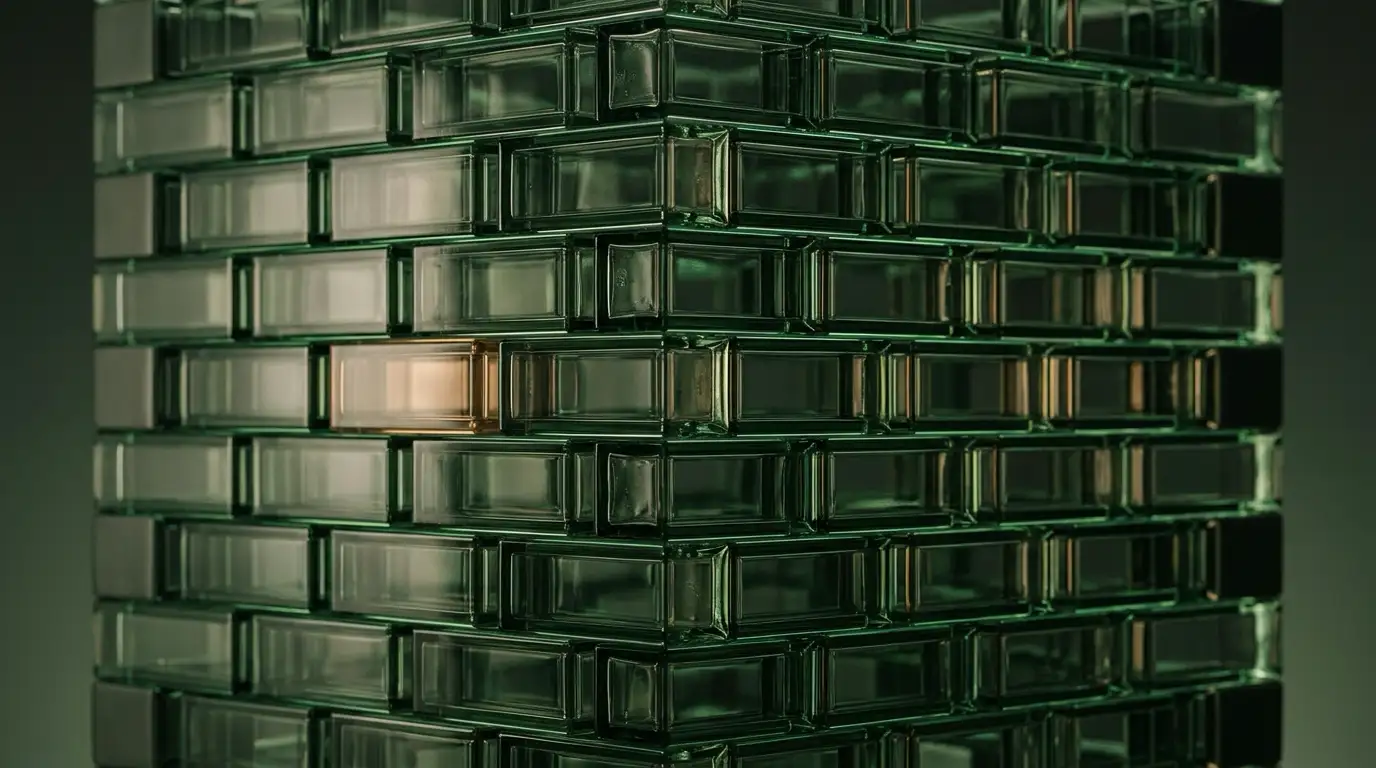 Abstract artwork of interlocking rectangular glass blocks forming a precise three-dimensional lattice, their edges catching thin lines of emerald and warm light