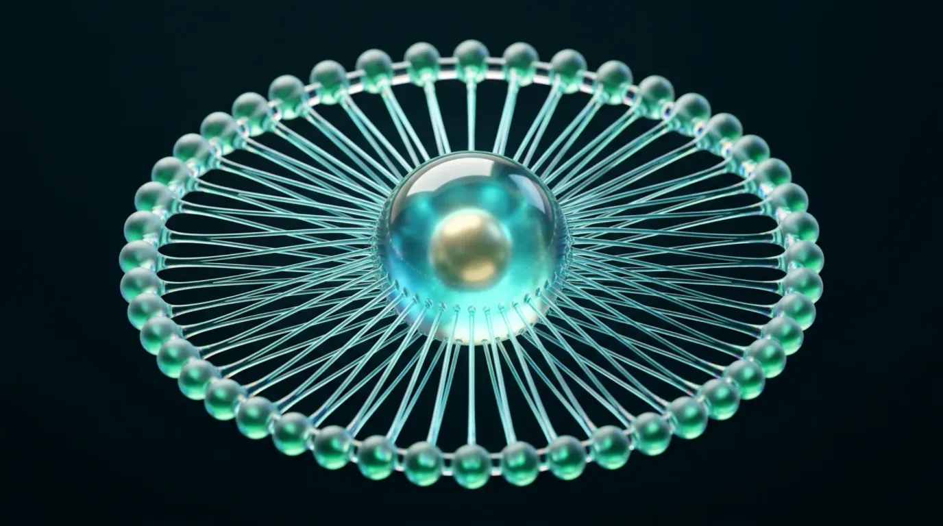 Abstract liquid-glass render: a wide glass wheel whose aqua spokes run from a rim of small green glass beads into a central teal orb holding a gold core, on a near-black background.