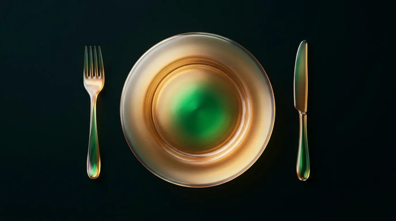 Abstract glass artwork: warm amber and deep green translucent forms folded like a stack of plated layers, suggesting a service pass viewed through frosted glass