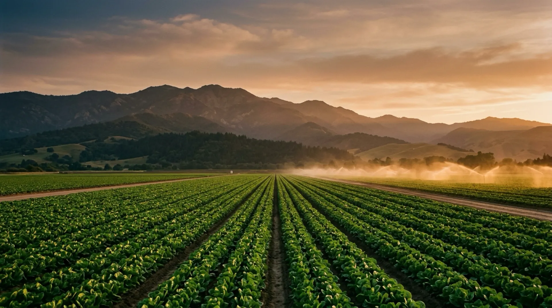 Row crops on the Salinas Valley floor at first light