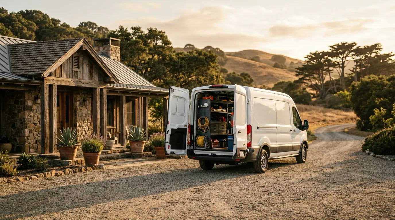 A white service van with its rear doors open on a gravel drive at golden hour, shelves of equipment inside