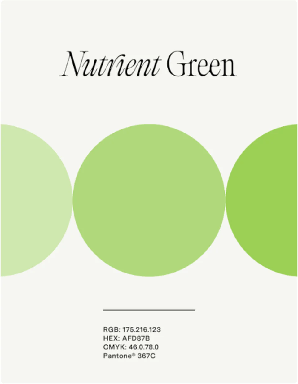 Colour specimen: Nutrient Green, with RGB, HEX, CMYK and Pantone values
