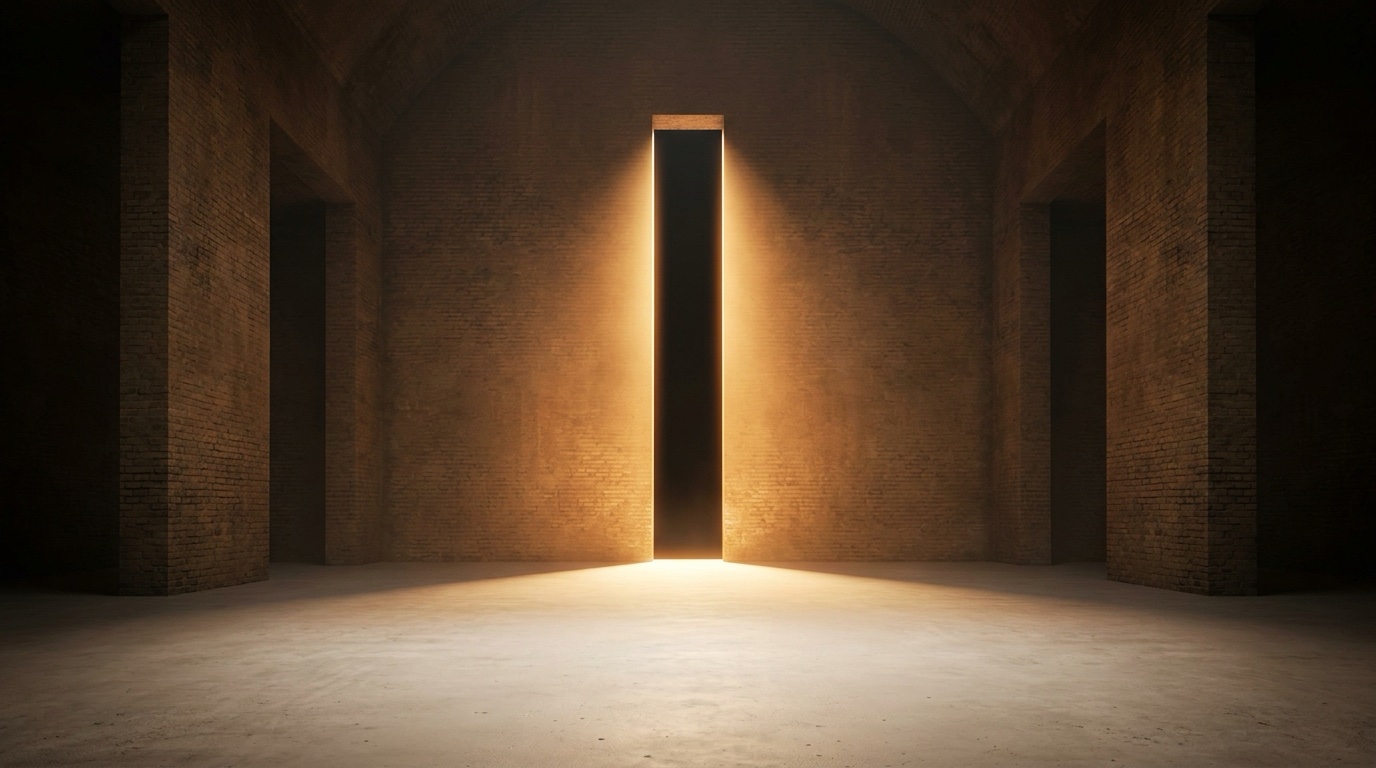 A tall shaft of warm light opening in the wall of a dark brick hall