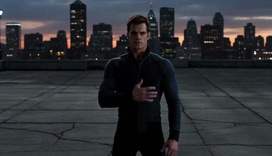 A figure on a rooftop against a city skyline at dusk